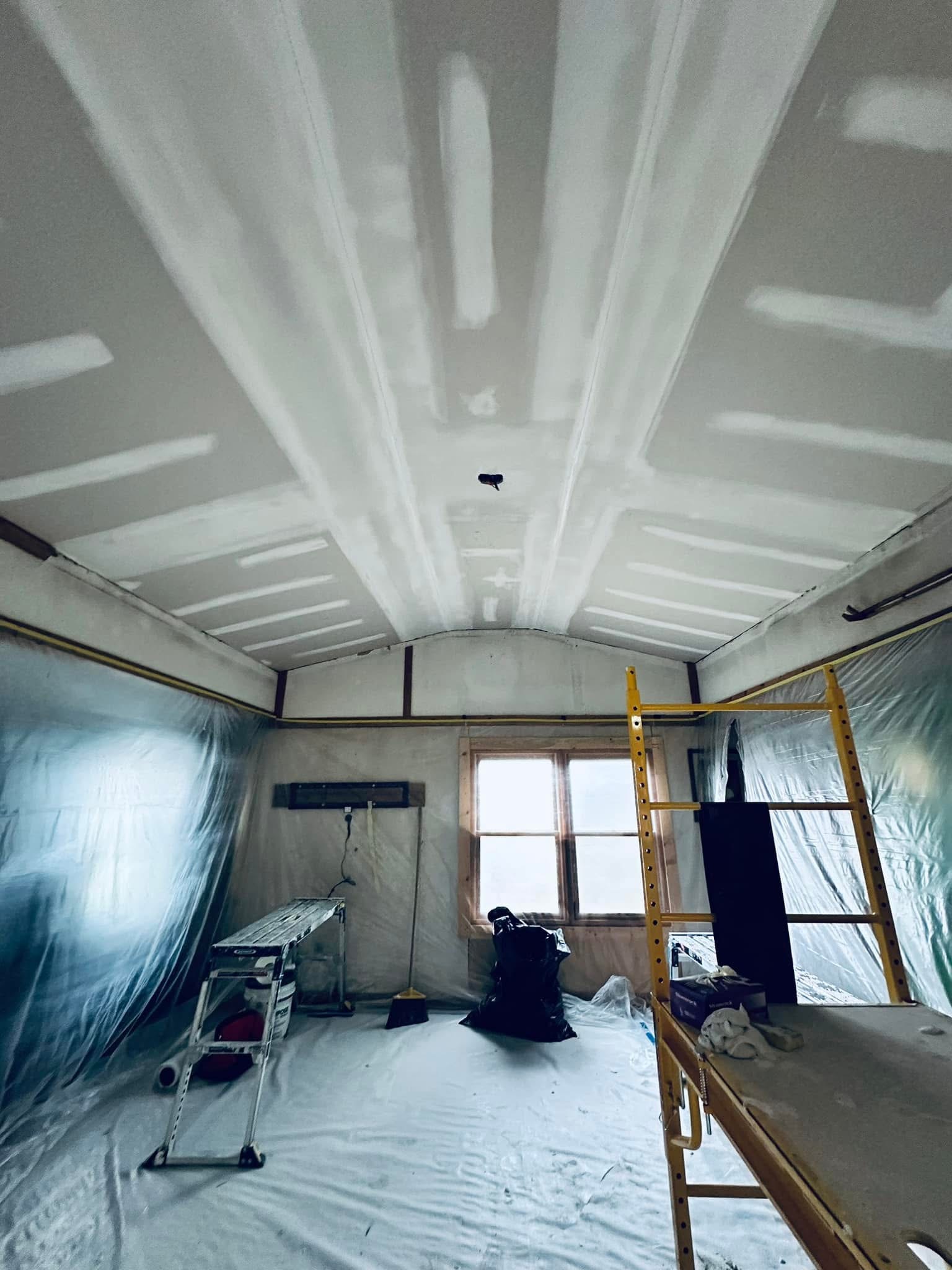 Skim coat on vaulted ceiling in progress