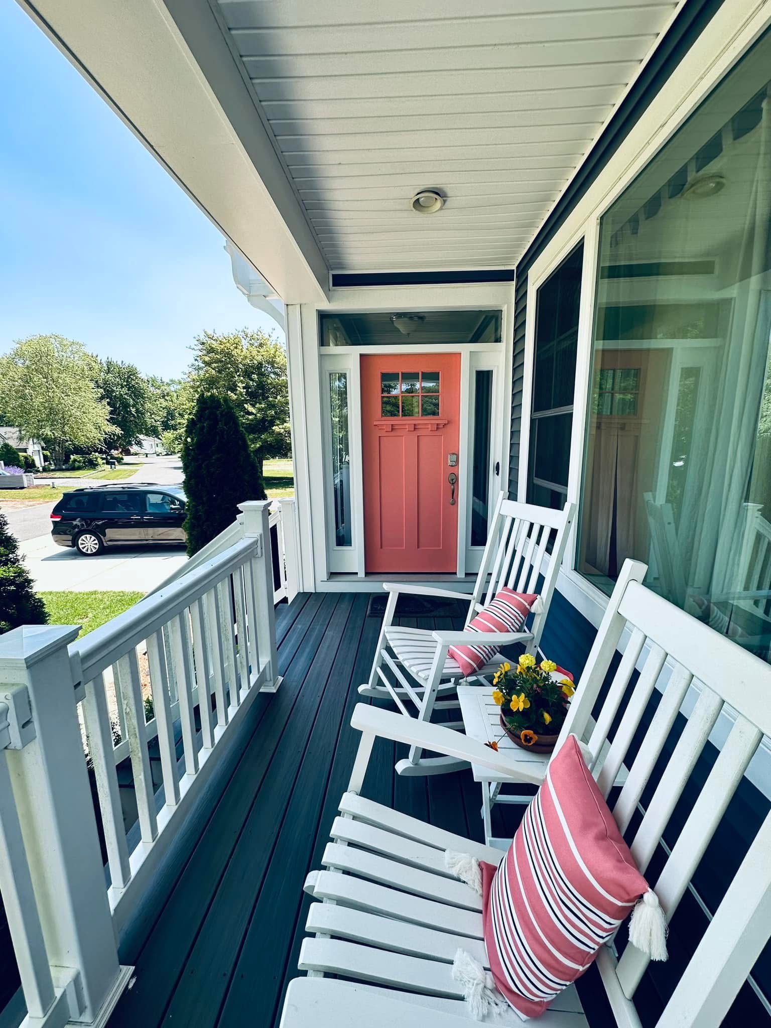 Coral front door on coastal home, Delaware