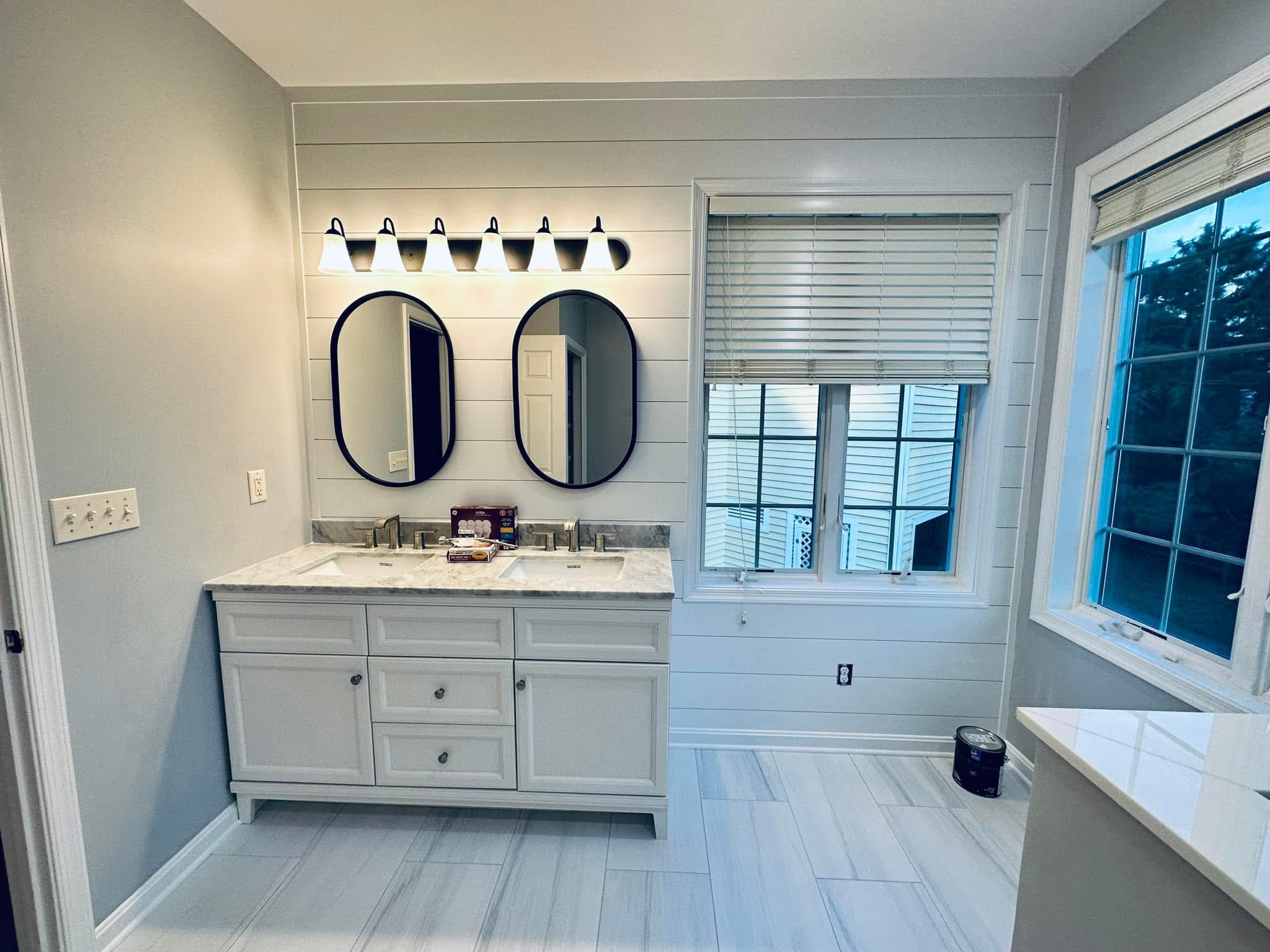 Bathroom with shiplap accent wall, Delaware coast