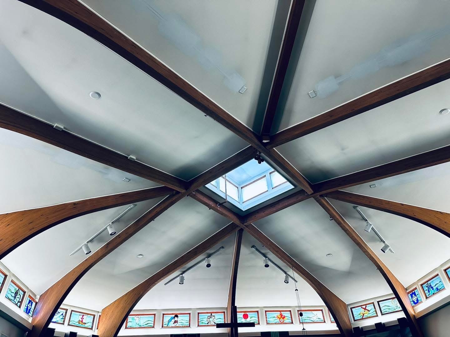 Lutheran Church of Our Savior ceiling and skylight during drywall repairs